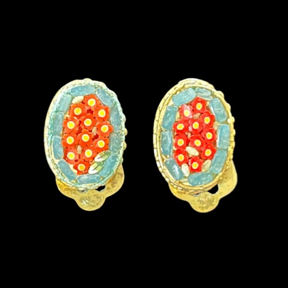 Jewelry - 1603 Vintage Italian Micro Mosaic Clip Earrings Red Floral Gold Tone Hardware